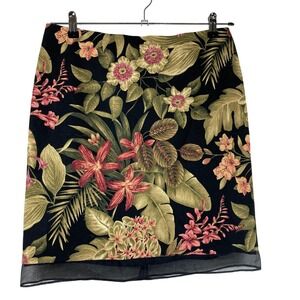 Vintage‎ Muse Sz 10 Black Tropical Floral Print Knee Length Skirt USA Silk Trim